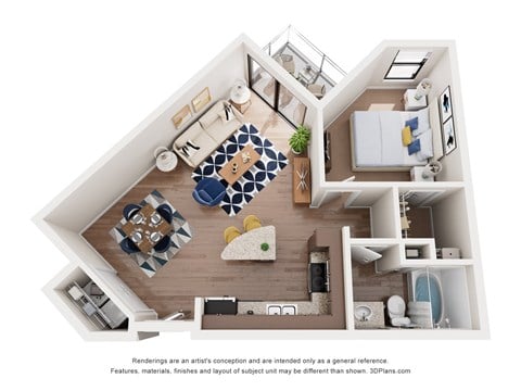 Floor plan for 1 bed, 1 bath, 730 sqft